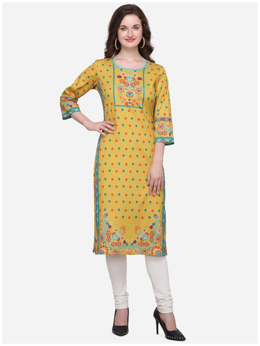 

Venika Creations Women Yellow Floral Straight Kurta