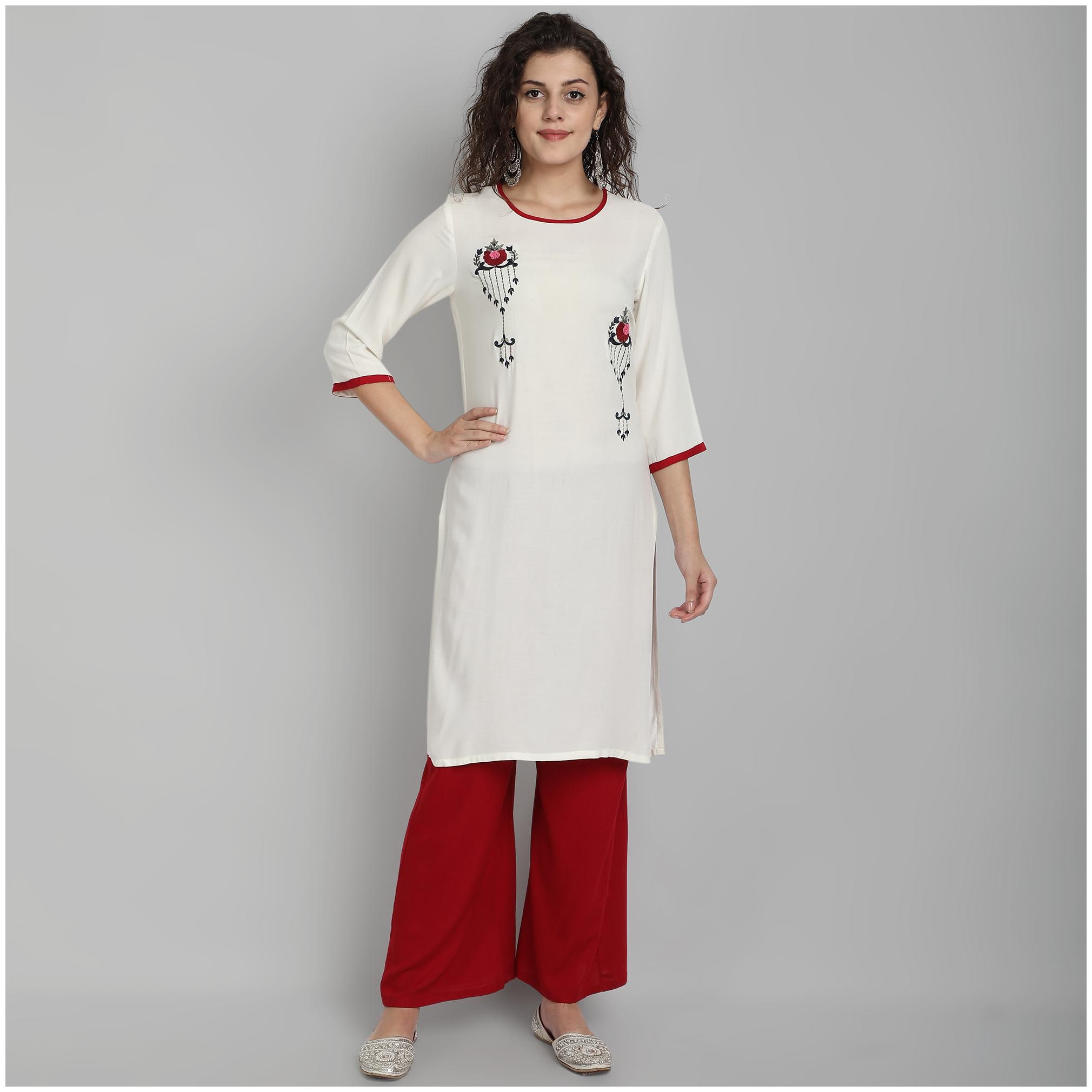 

Venika Creations Women Viscose Rayon Embroidered White Kurta With Palazzo