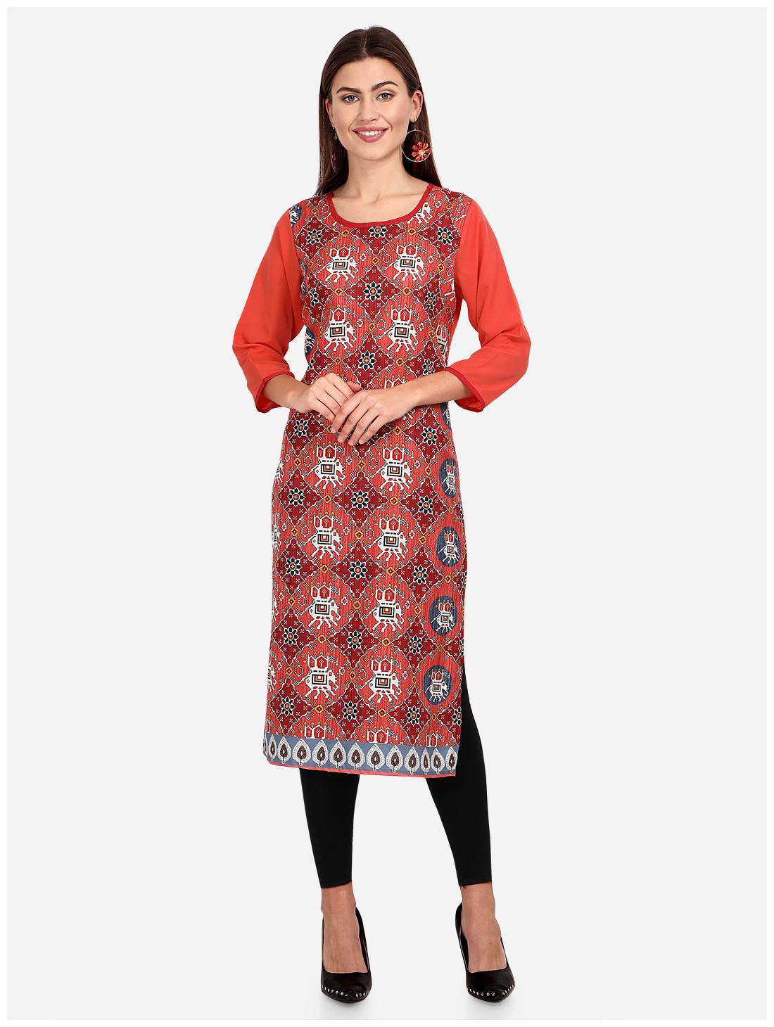 

Venika Creations Women Orange Printed Straight Kurti