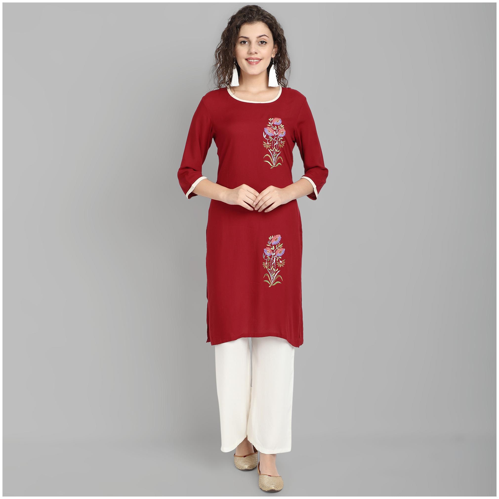 

Venika Creations Women Viscose Rayon Embroidered Maroon Kurta With Palazzo