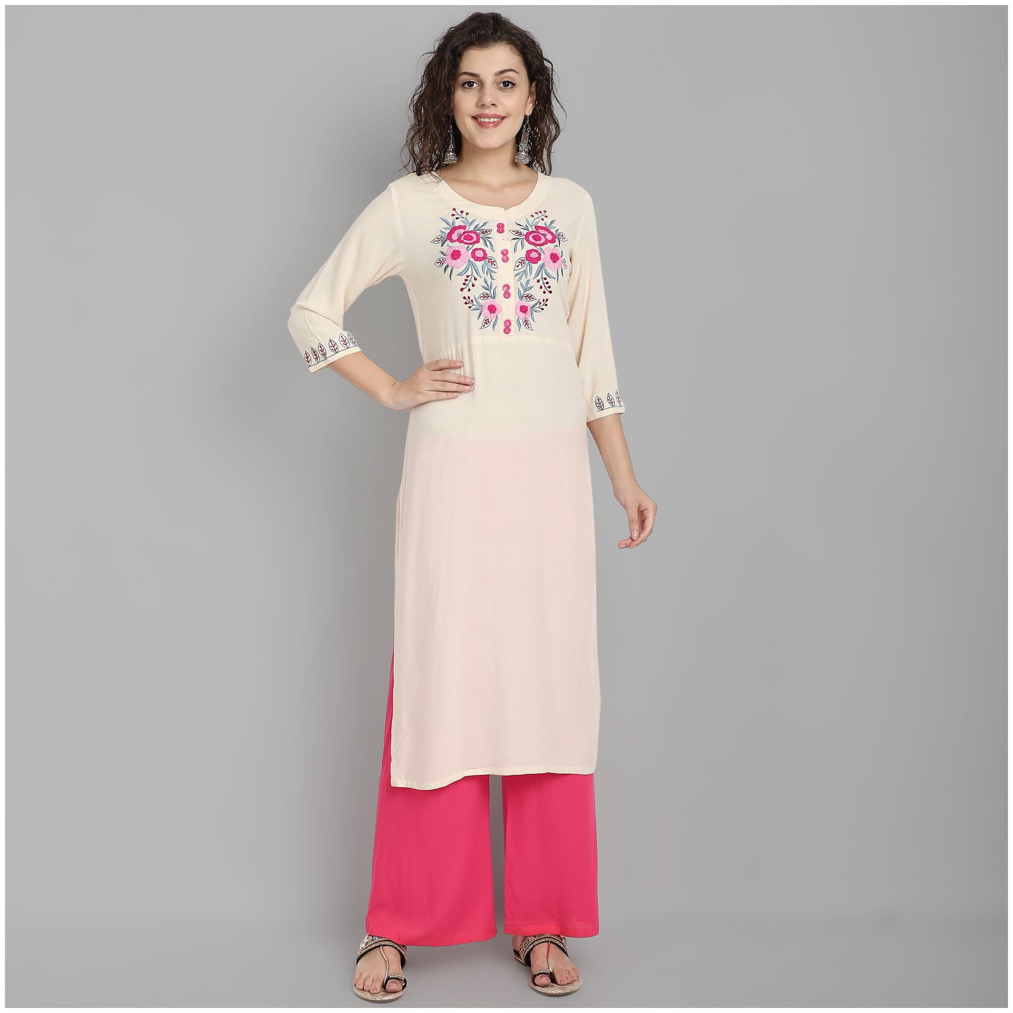 

Venika Creations Women Cream Embroidered Straight Kurta