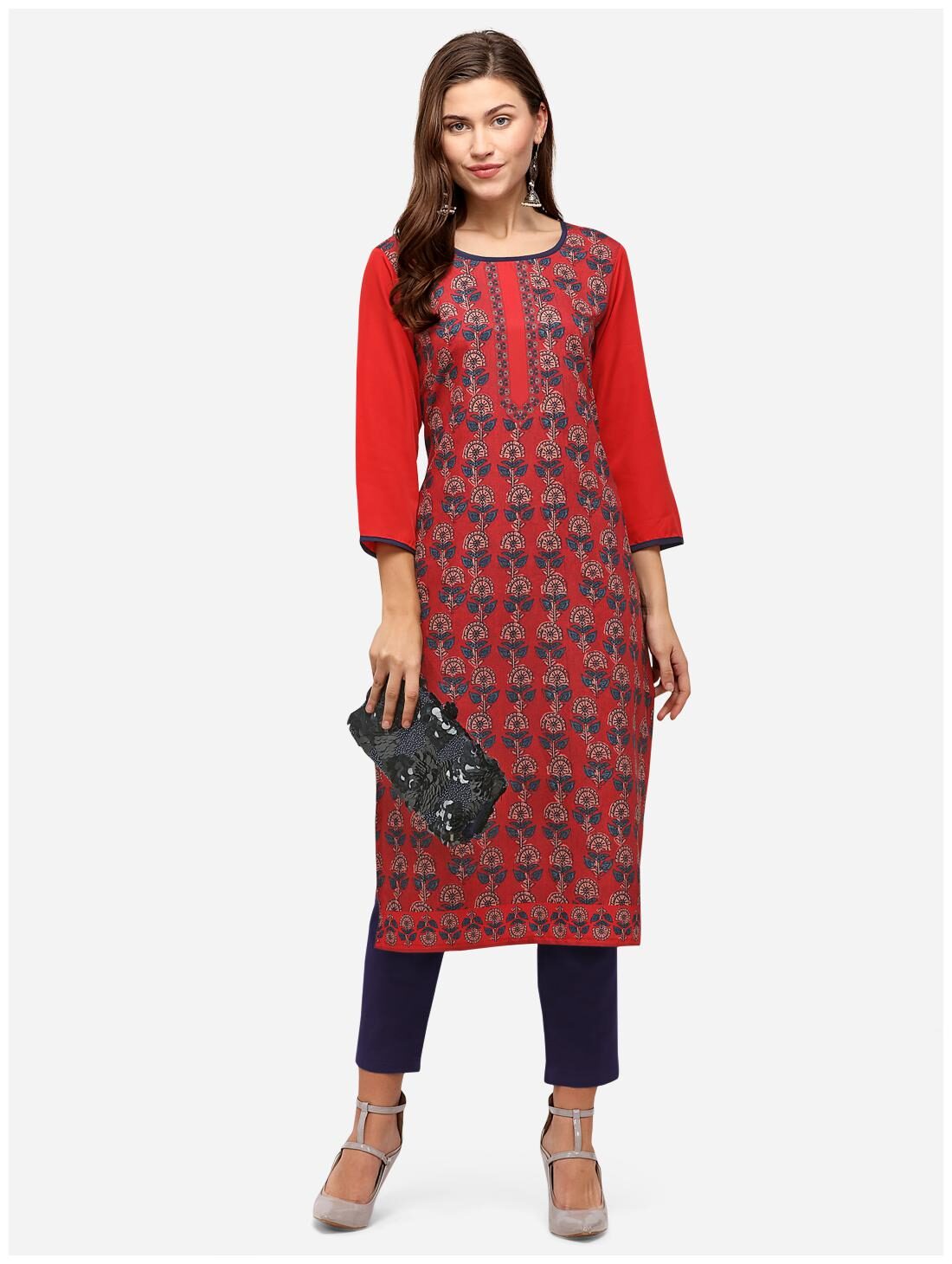 

Venika Creations Women Red Floral Straight Kurta