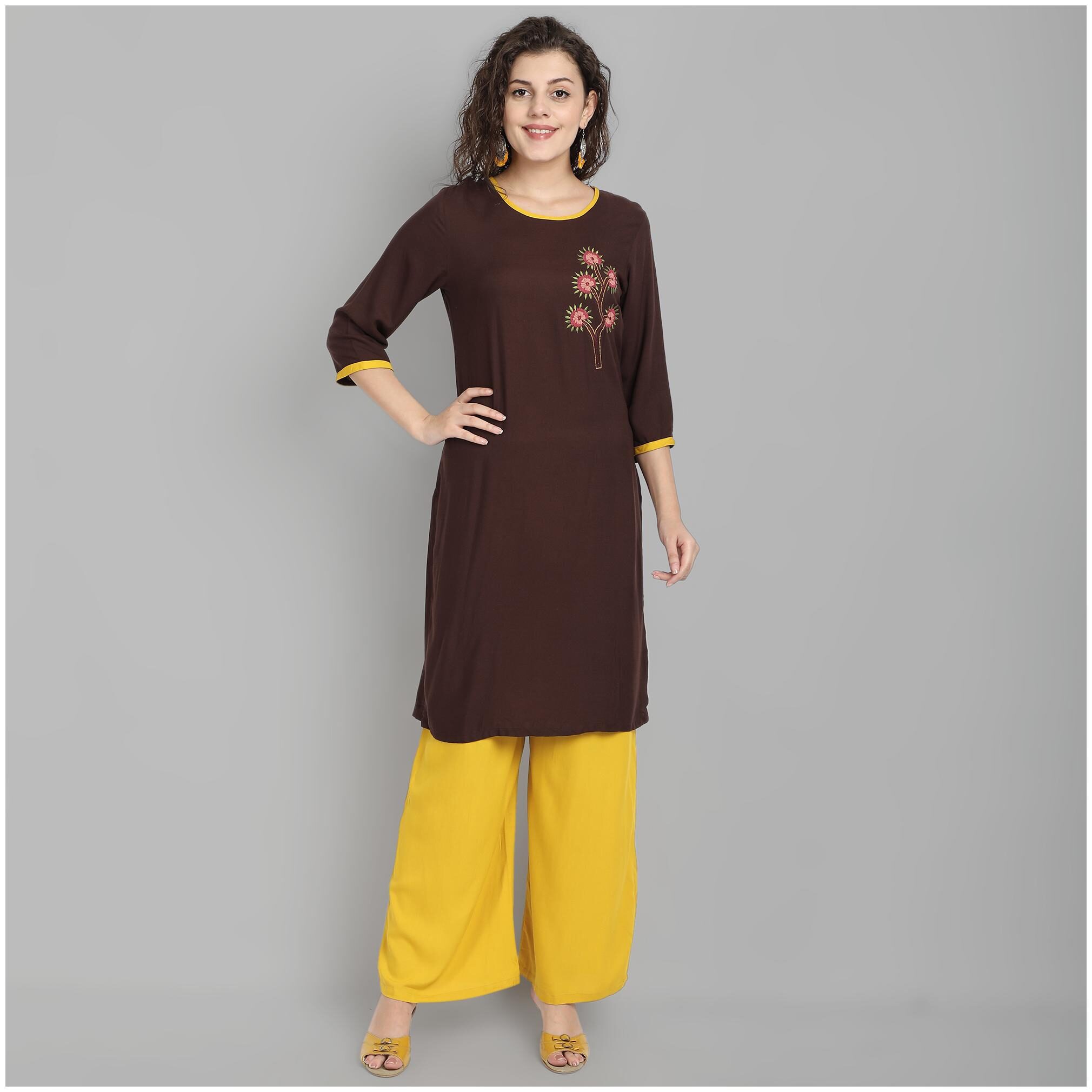 

Venika Creations Women Viscose Rayon Embroidered Brown Kurta With Palazzo
