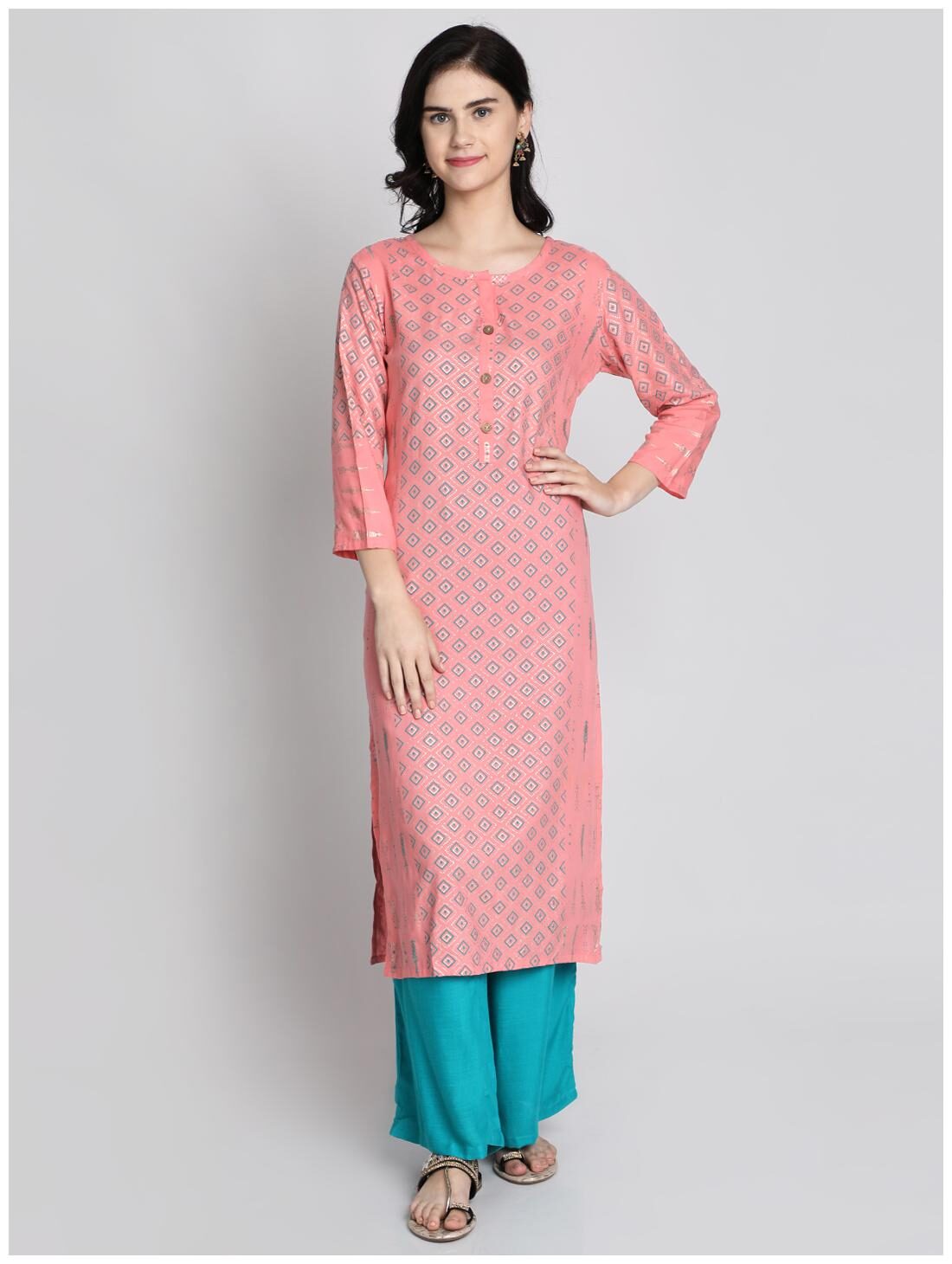 

Venika Creations Women Peach Printed Straight Kurta