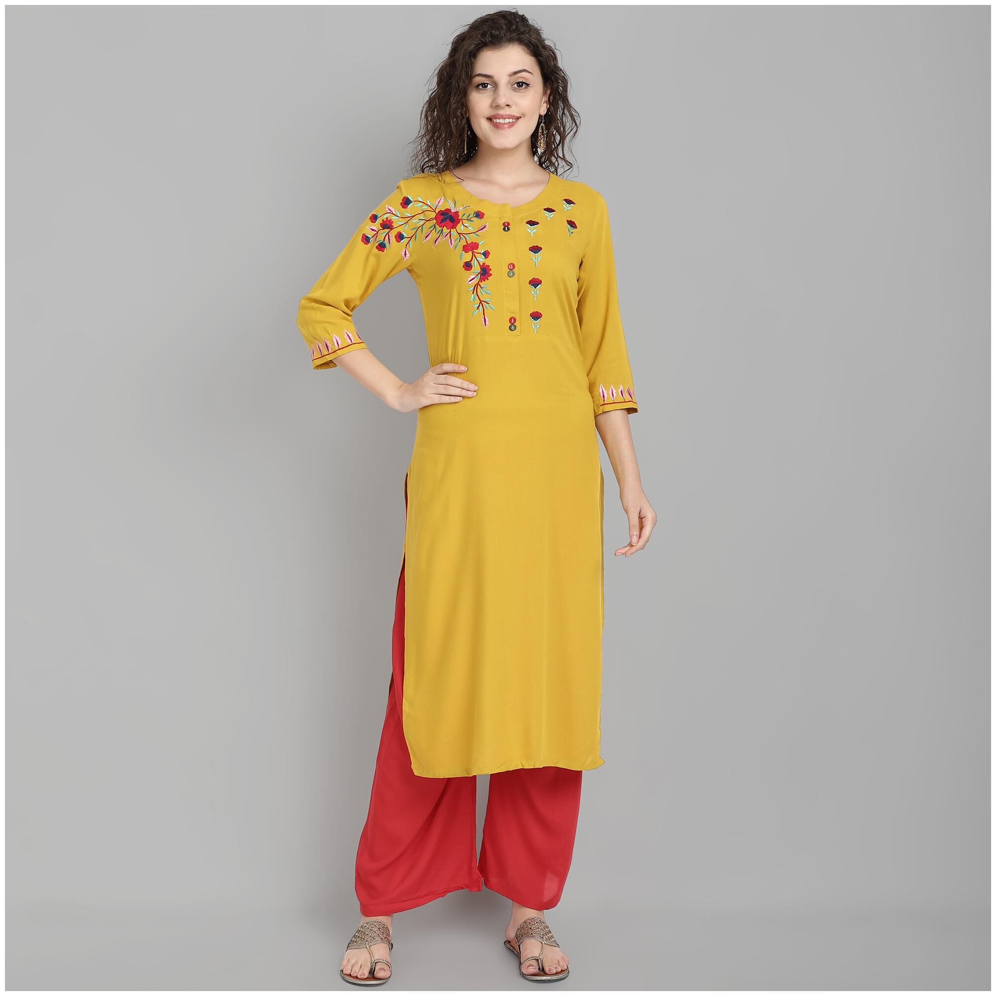 

Venika Creations Women Yellow Embroidered Straight Kurta