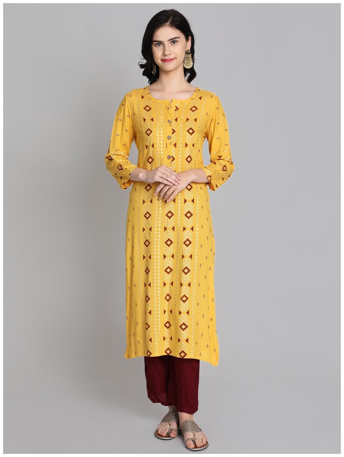 

Venika Creations Women Mustard Printed Straight Kurta