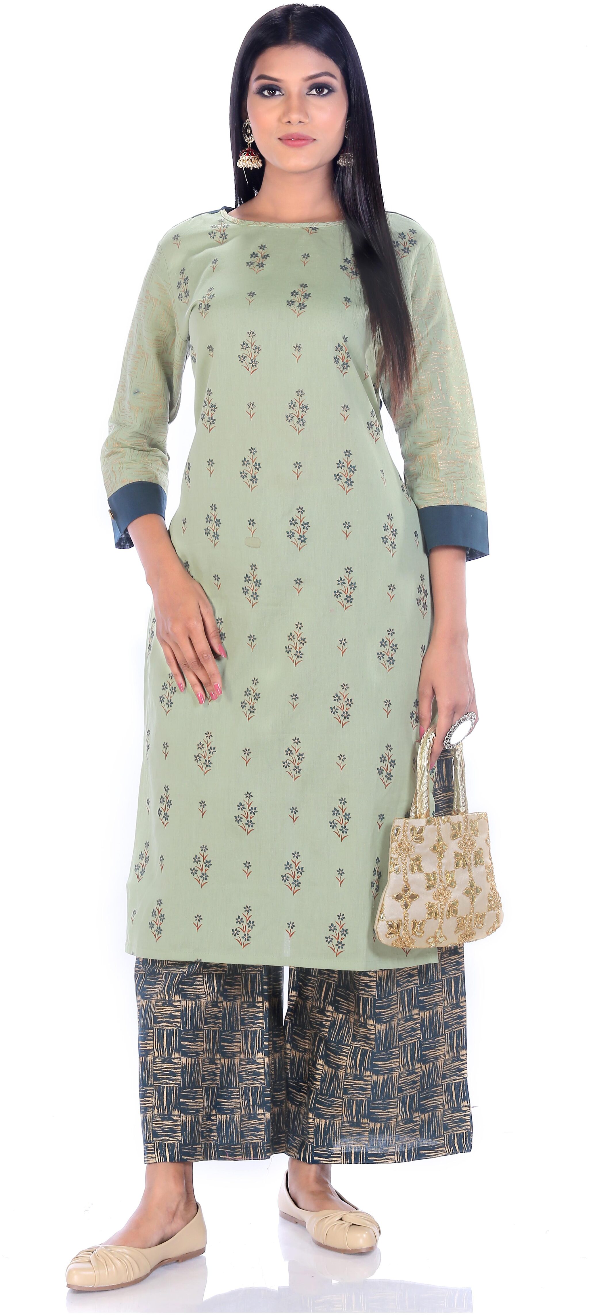 

Venika Creations Cotton Foil print Green Colour Kurta