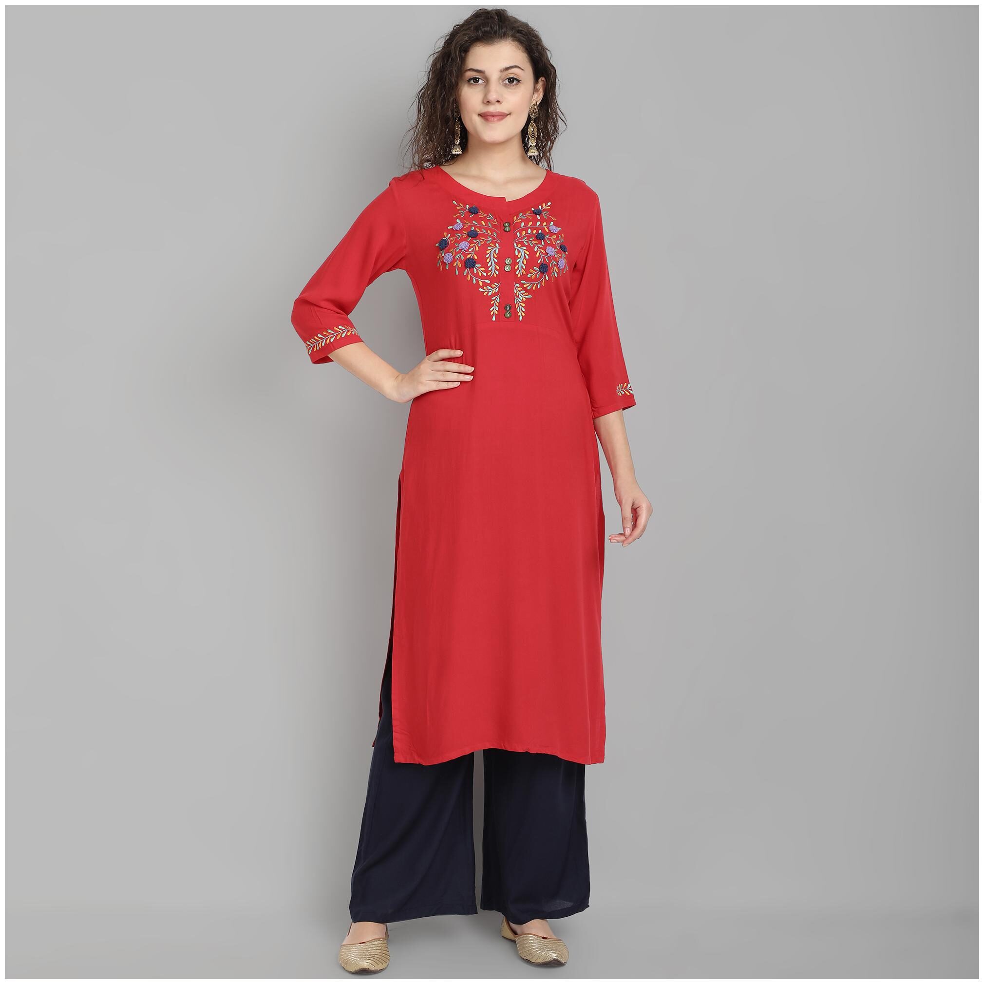 

Venika Creations Women Red Embroidered Straight Kurta