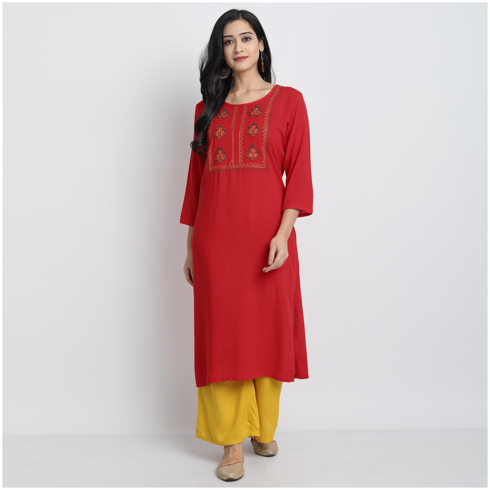 

Venika Creations Women Red Embroidered Straight Kurta
