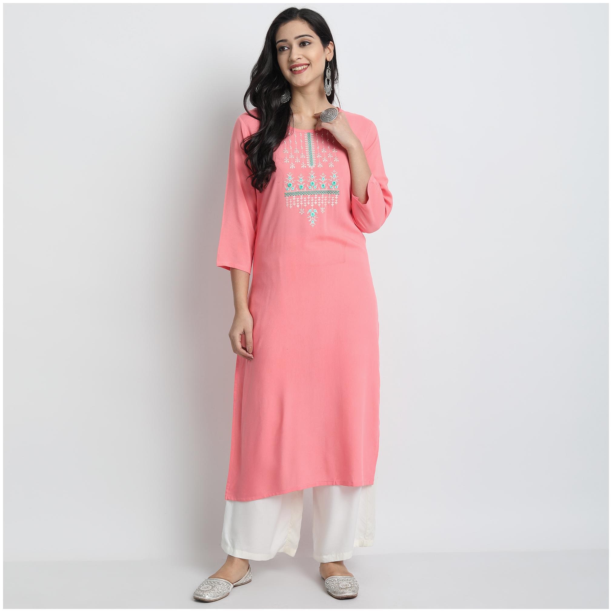 

Venika Creations Women Peach Embroidered Straight Kurta