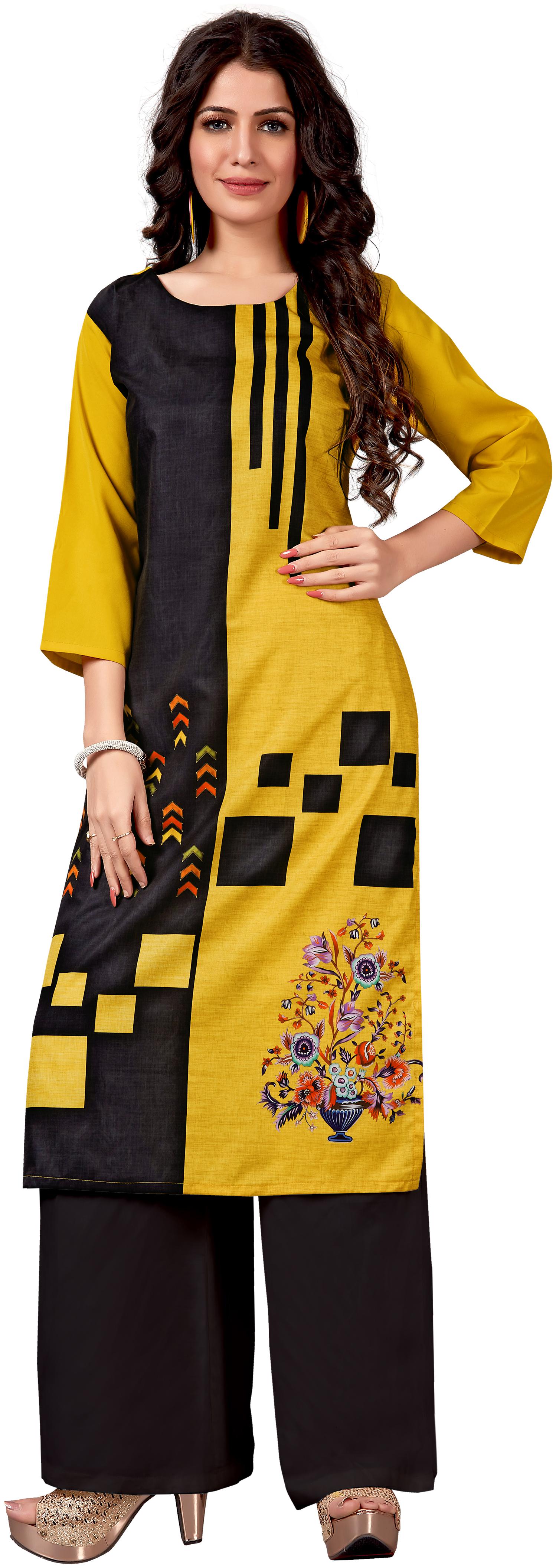 

Venika Creations Women Yellow Floral Straight Kurta