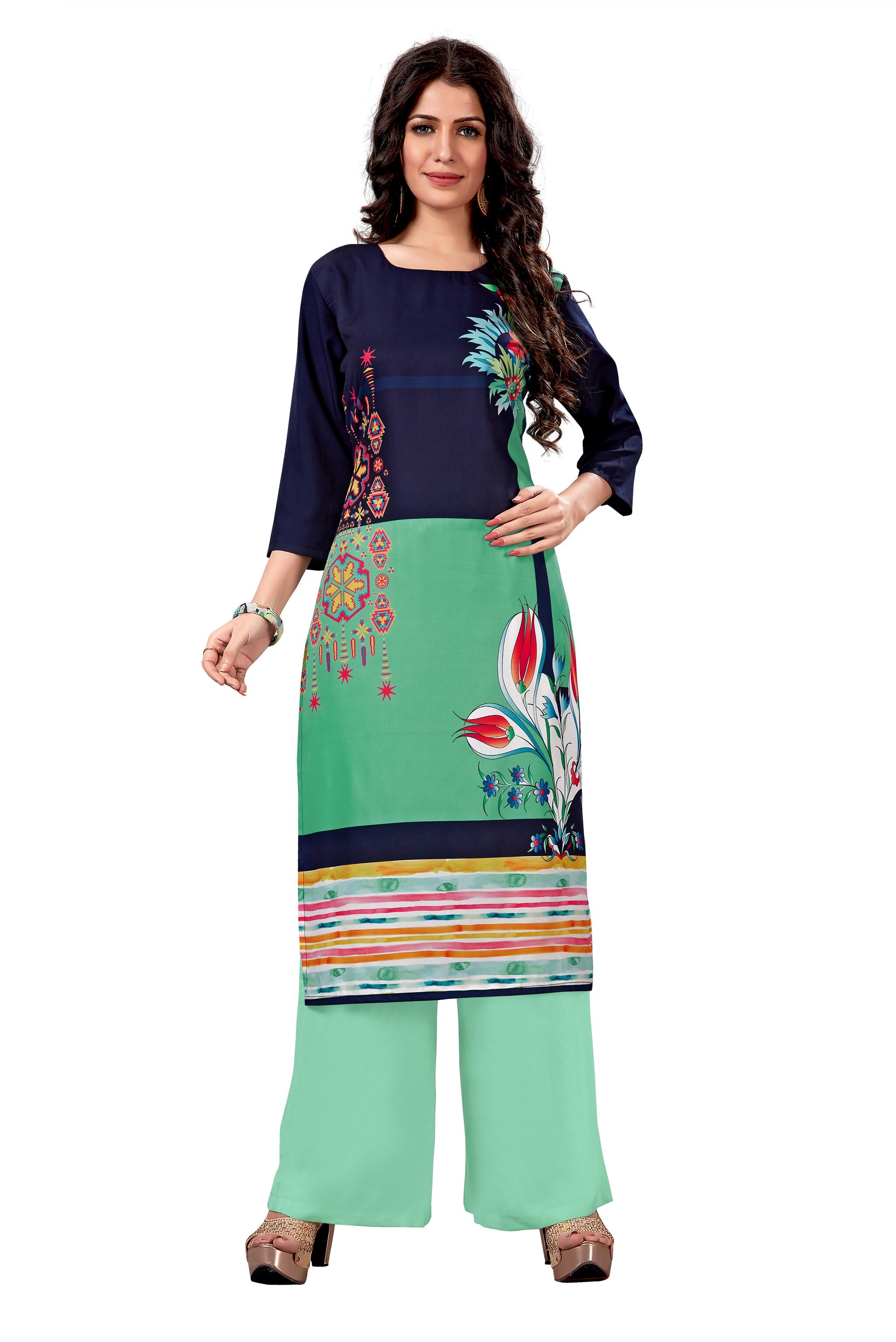

Venika Creations Women Navy Blue Floral Straight Kurta