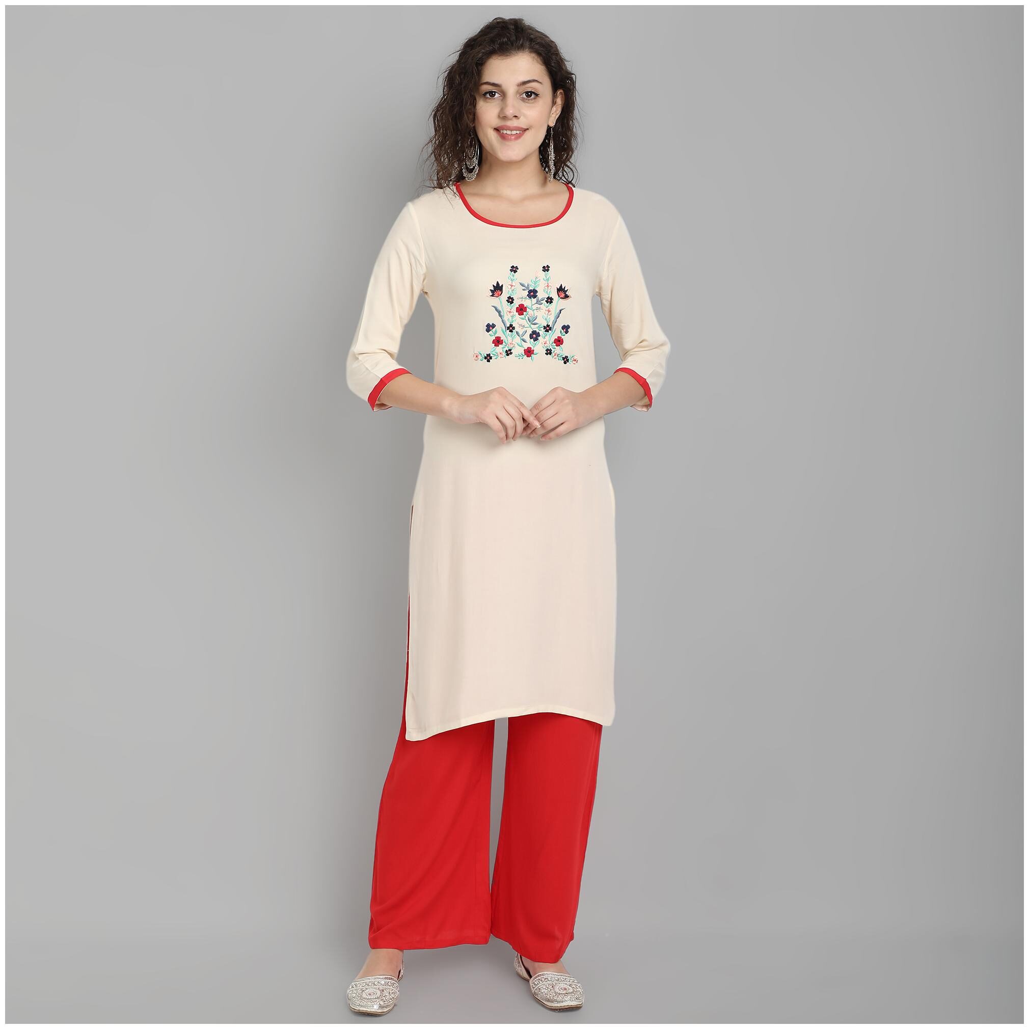 

Venika Creations Women Viscose Rayon Embroidered White Kurta With Palazzo