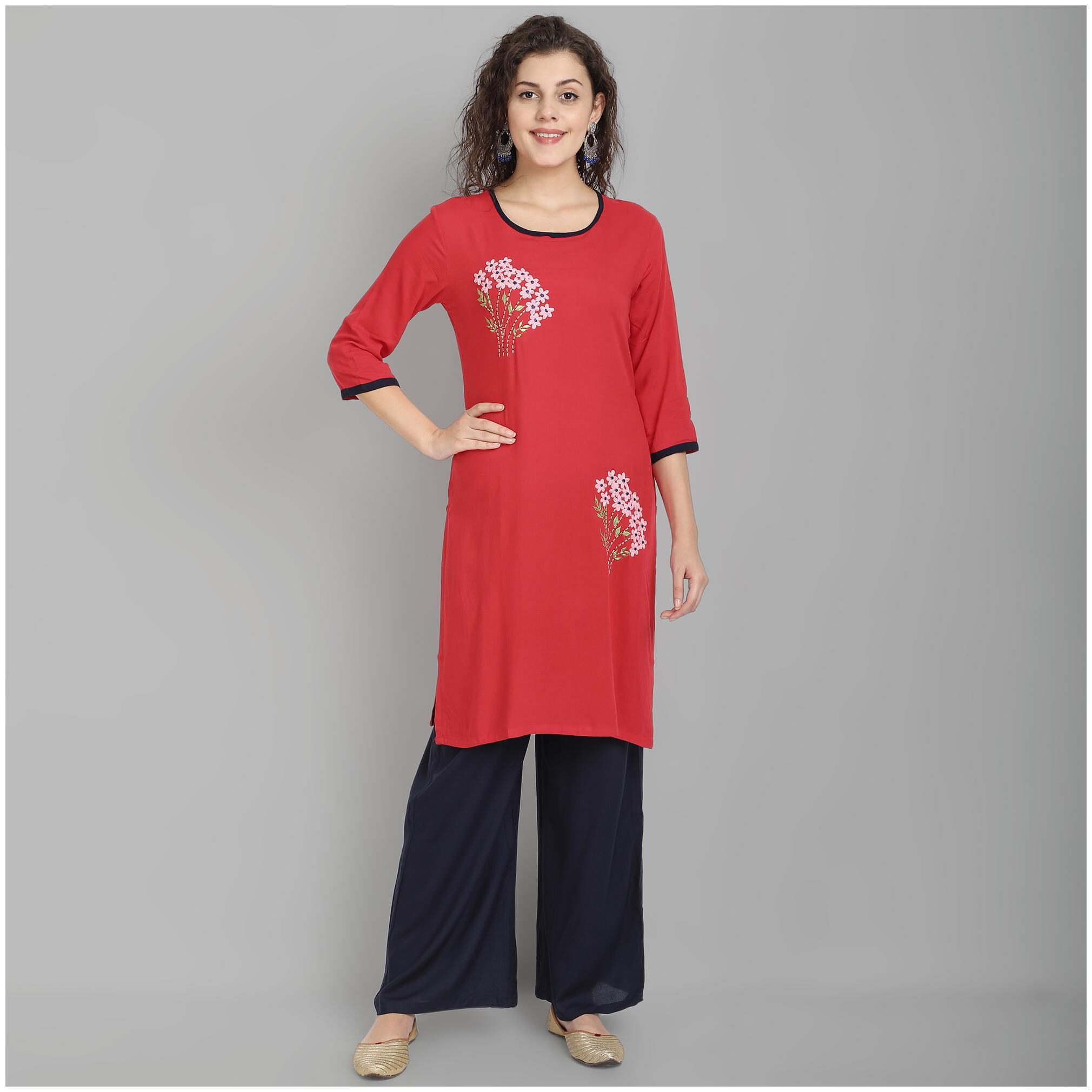 

Venika Creations Women Viscose Rayon Embroidered Maroon Kurta With Palazzo
