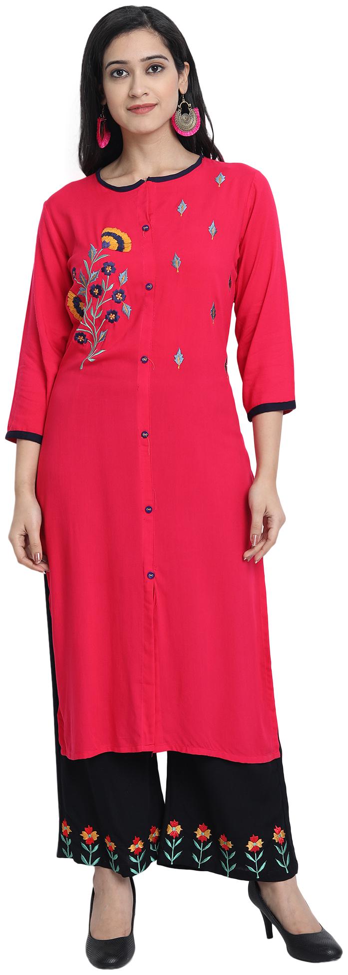 

Venika Creations Women Pink Viscose Rayon Embroidered Kurta And Palazzo