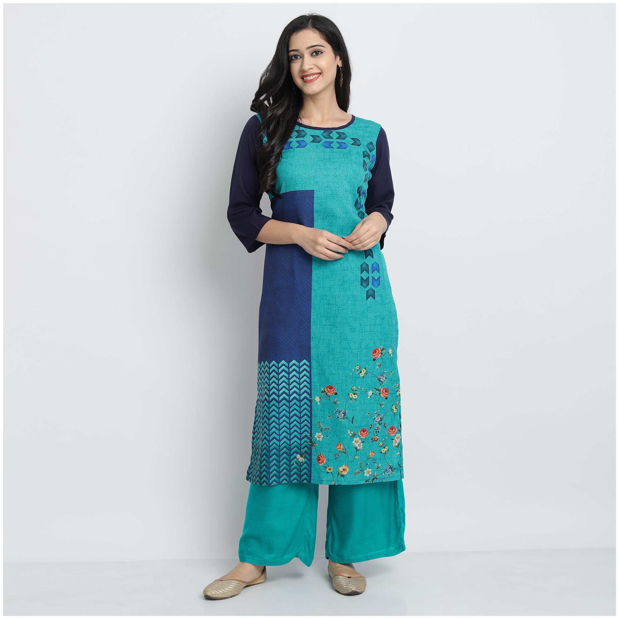 

Venika Creations Women Navy Blue Floral Straight Kurti