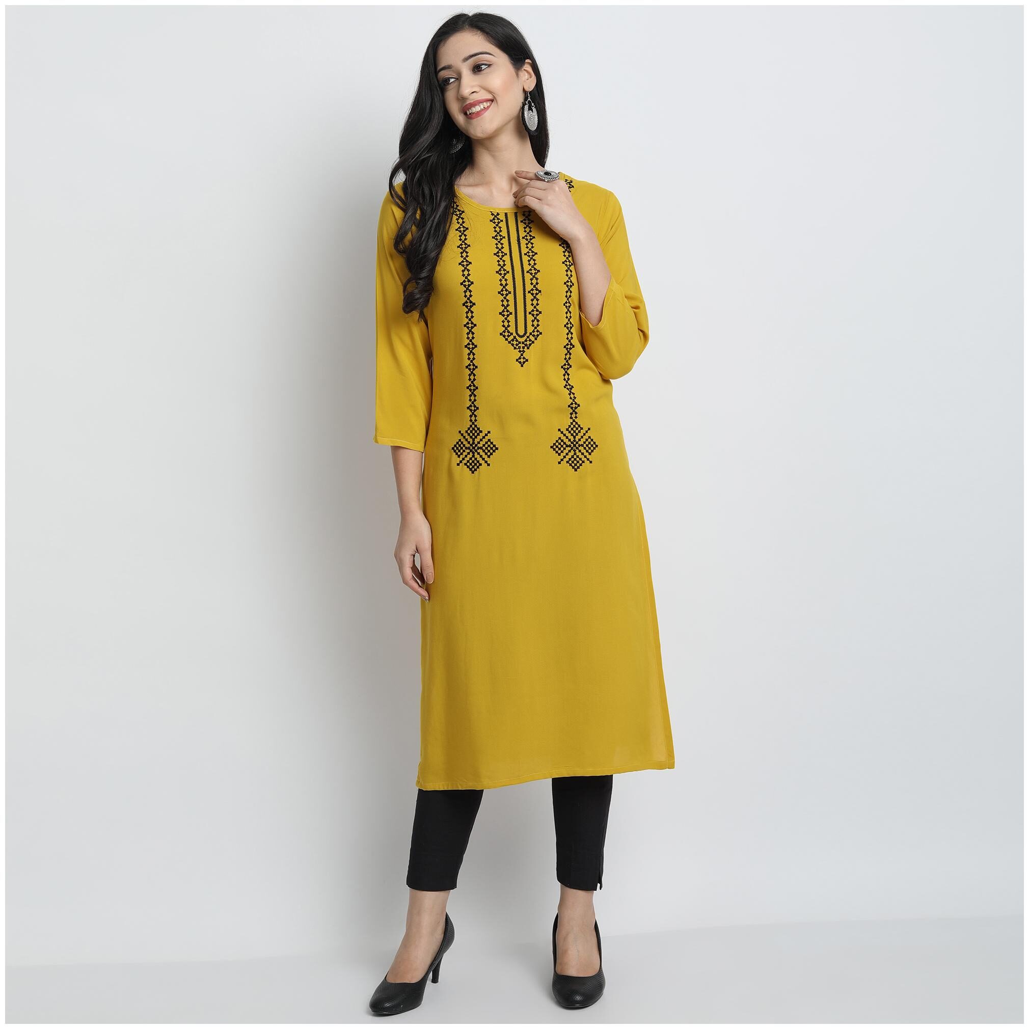 

Venika Creations Women Yellow Embroidered Straight Kurta