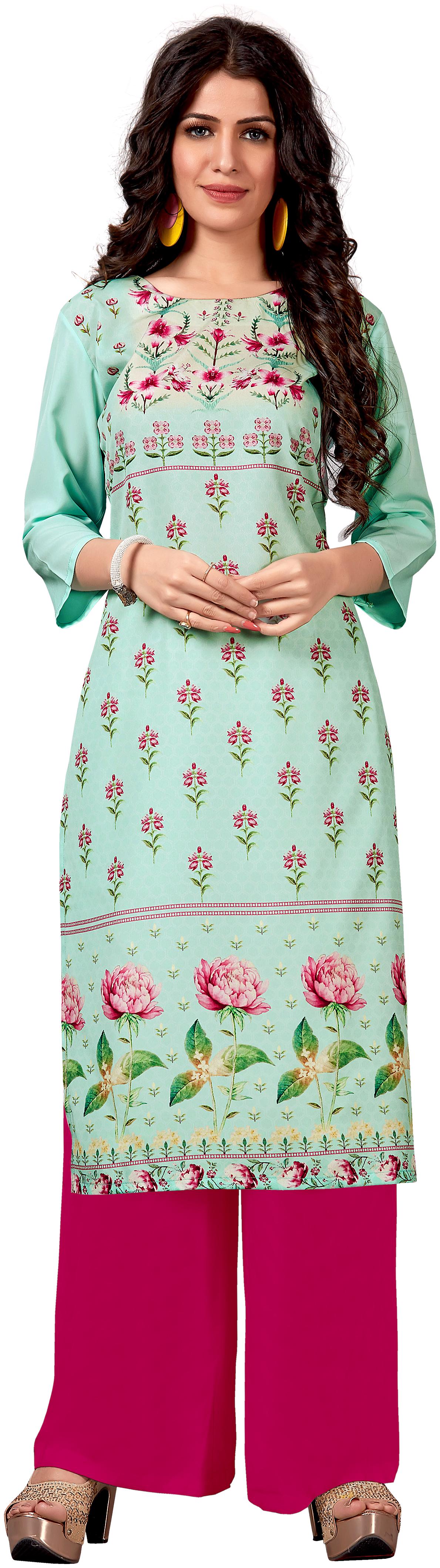 

Venika Creations Women Turquoise Floral Straight Kurta