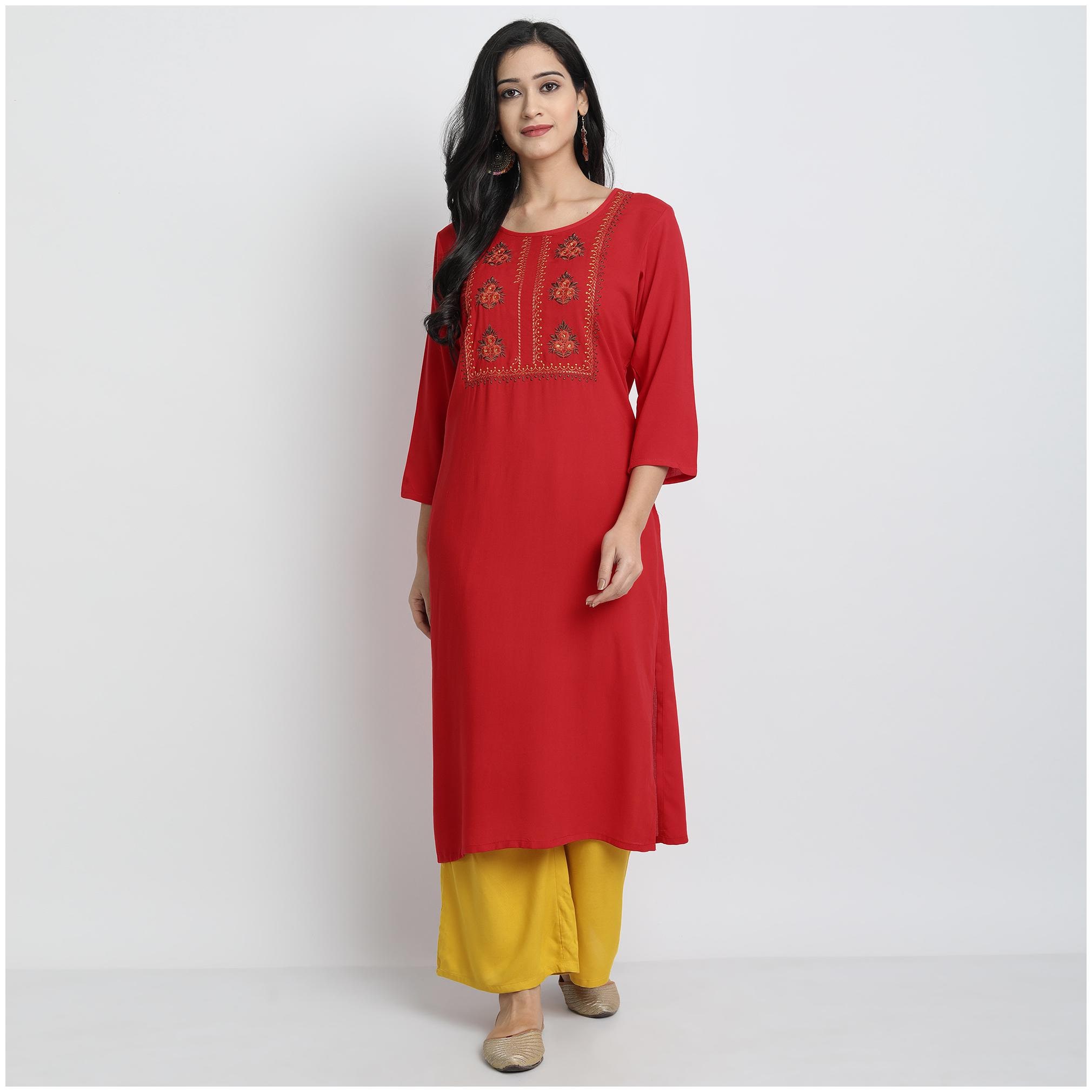 

Venika Creations Women Red Embroidered Straight Kurta