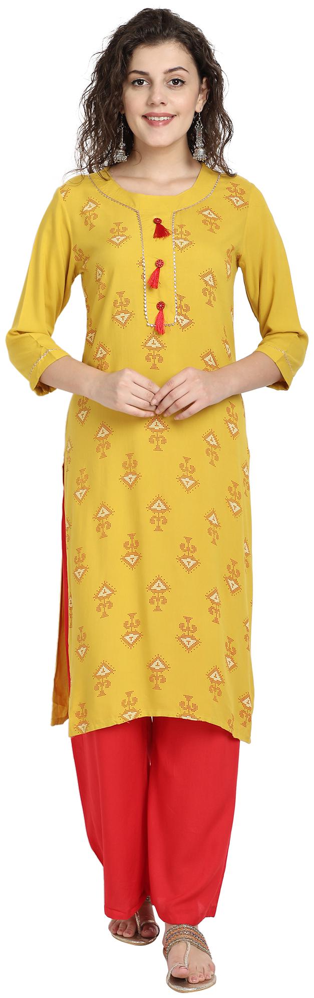 

Venika Creations Women Yellow Printed Straight Kurta