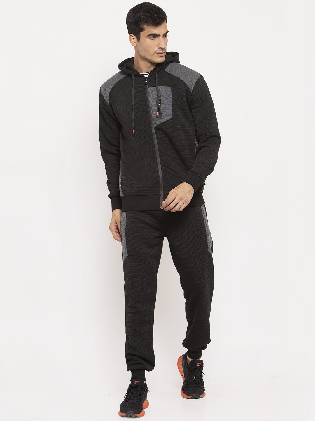 

VENITIAN Men Black Grey Striped Regular Fit Hooded Track Suit