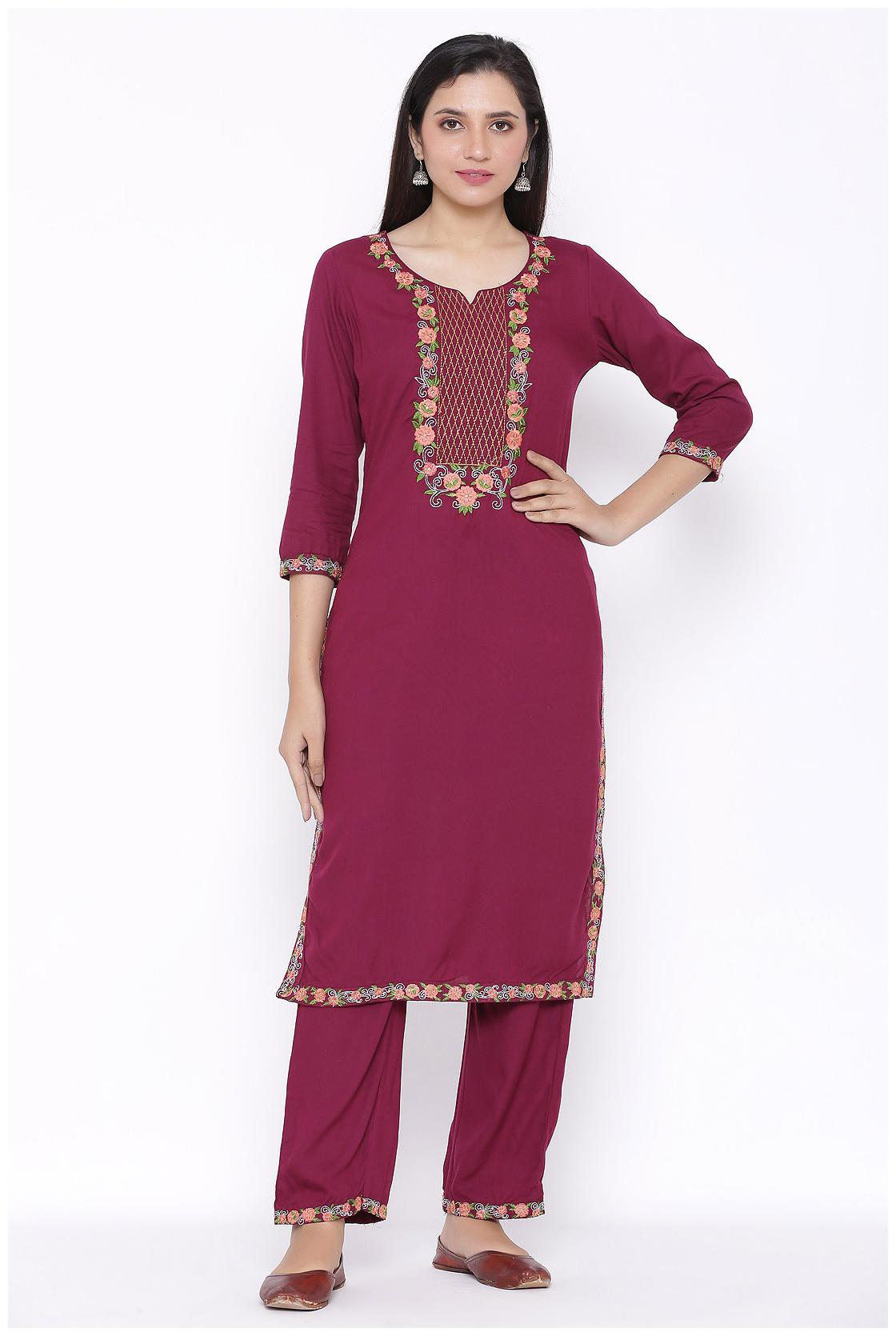 

Veradiva Women Wine Viscose Rayon Embroidered Kurta And Pants