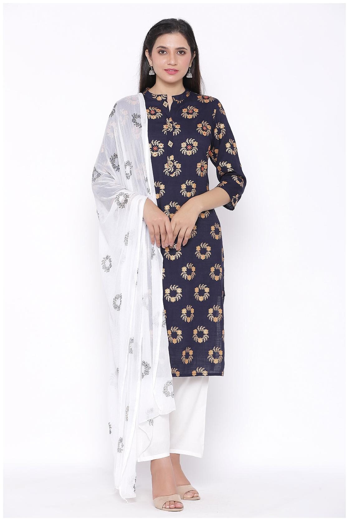 

Veradiva Women Navy Blue Floral Straight Kurta With Palazzo And Dupatta
