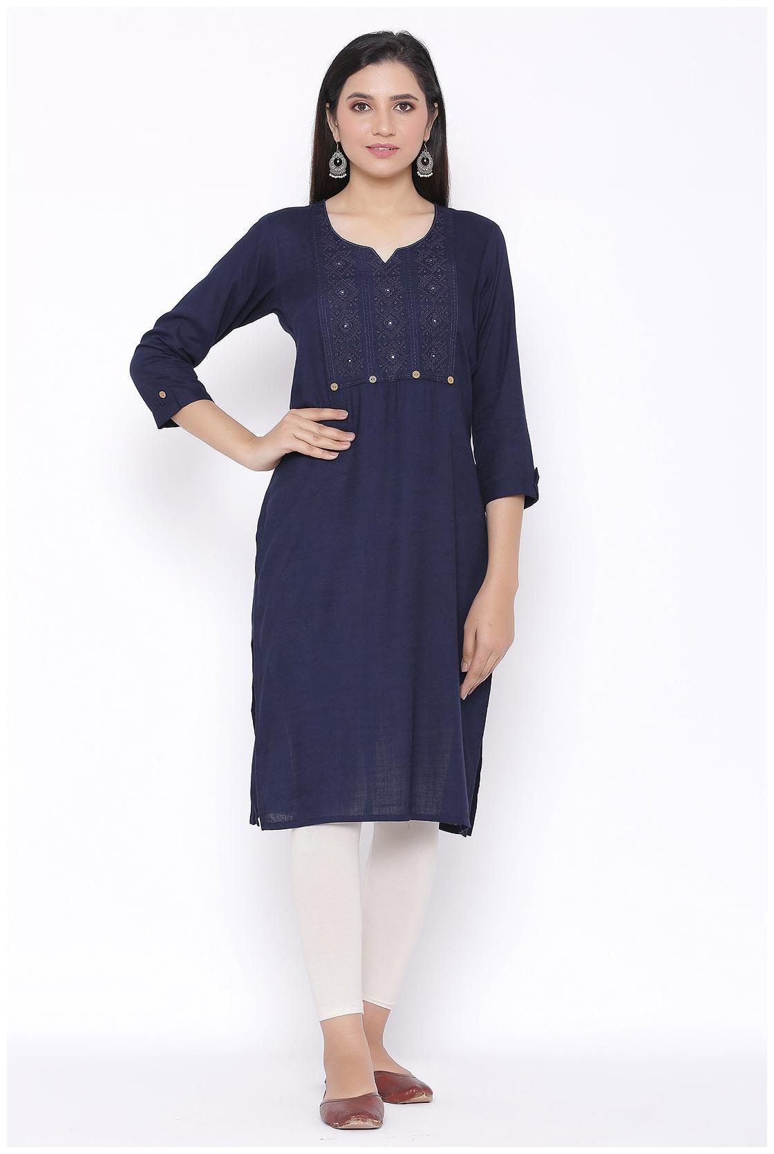 

Veradiva Women Navy Blue Embroidered Straight Kurta