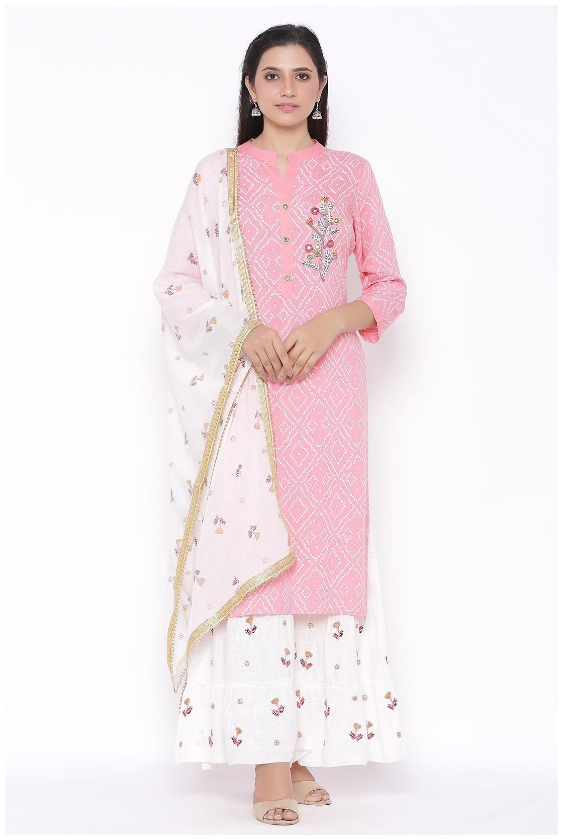 

Veradiva Women Pink Viscose Rayon Embroidered Kurta And Sharara With Dupatta