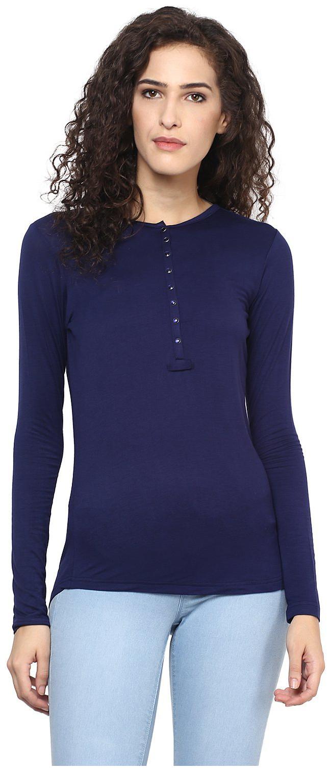 

Veronique Cotton Navy Blue Solid Regular Top For Women