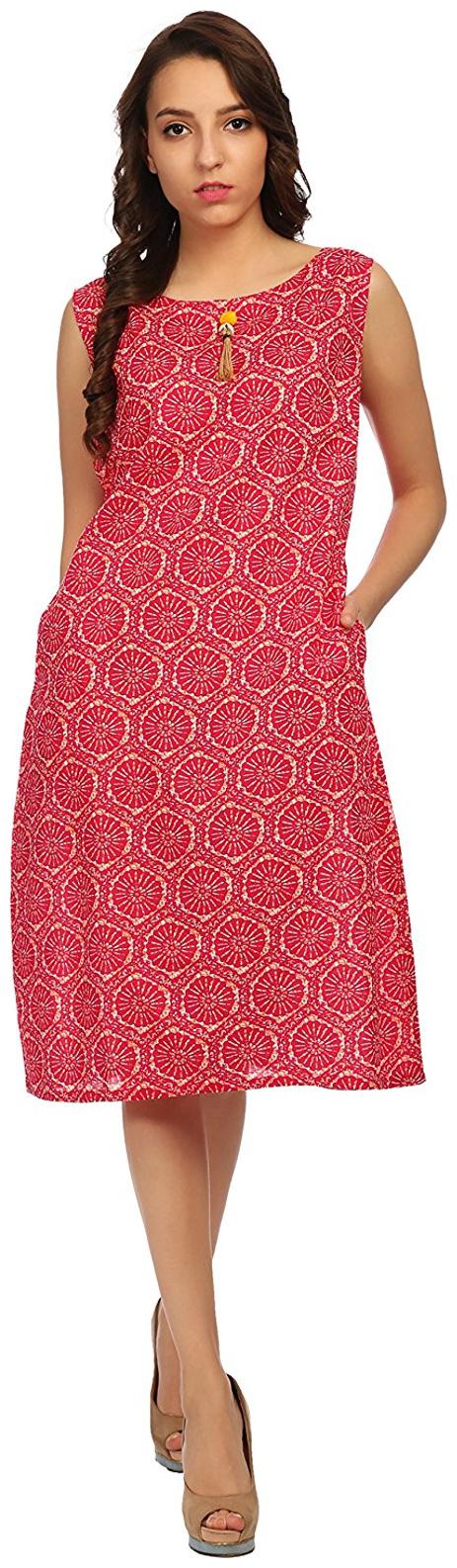 

VERONIQUE WOMEN S PINK COTTON SLEEVELESS KNEE LENGTH REGULAR ROUND NECK TUNIC PRINTED DRESS