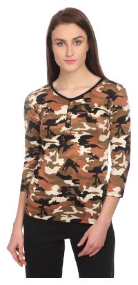 VERONIQUE WOMEN'S MULTICOLOR COTTON KNIT 3/4TH SLEEVE HIP LENGTH REGULAR ROUND NECK CASUAL PRINTED TOP