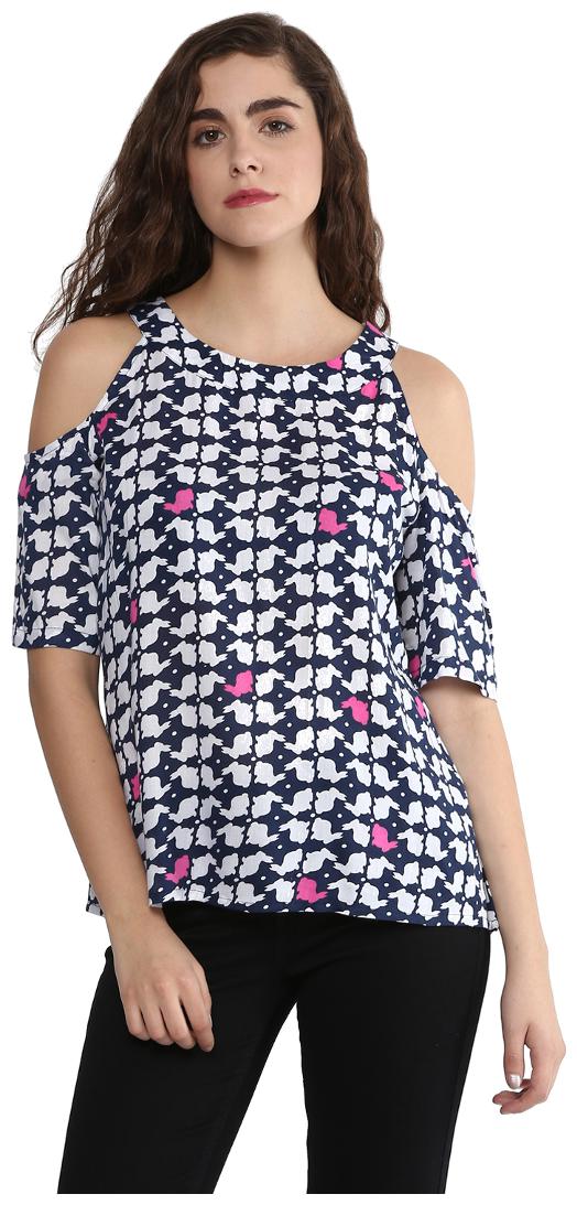 

VERONIQUE WOMEN S BLUE WHITE RAYON COLD SHOUDER HALF SLEEVE WAIST LENGTH REGULAR ROUND NECK COLD SHOULDER PRINTED TOP