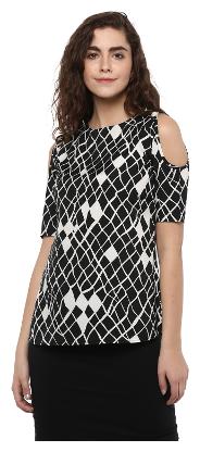 

VERONIQUE WOMEN S BLACK WHITE CREPE COLD SHOUDER HALF SLEEVE WAIST LENGTH SLIM FIT ROUND NECK COLD SHOULDER PRINTED TOP