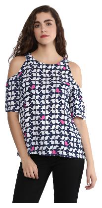 

VERONIQUE WOMEN S BLUE WHITE RAYON COLD SHOUDER HALF SLEEVE WAIST LENGTH REGULAR ROUND NECK COLD SHOULDER PRINTED TOP