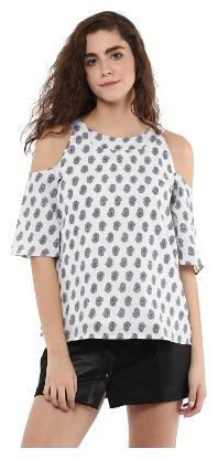 

VERONIQUE WOMEN S BLUE WHITE CREPE COLD SHOUDER HALF SLEEVE HIP LENGTH REGULAR ROUND NECK COLD SHOULDER PRINTED TOP