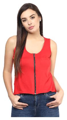 

VERONIQUE WOMEN S RED VISCOSE LYCRA SLEEVELESS WAIST LENGTH SLIM FIT ROUND NECK CROP PLAIN SOLID TOP