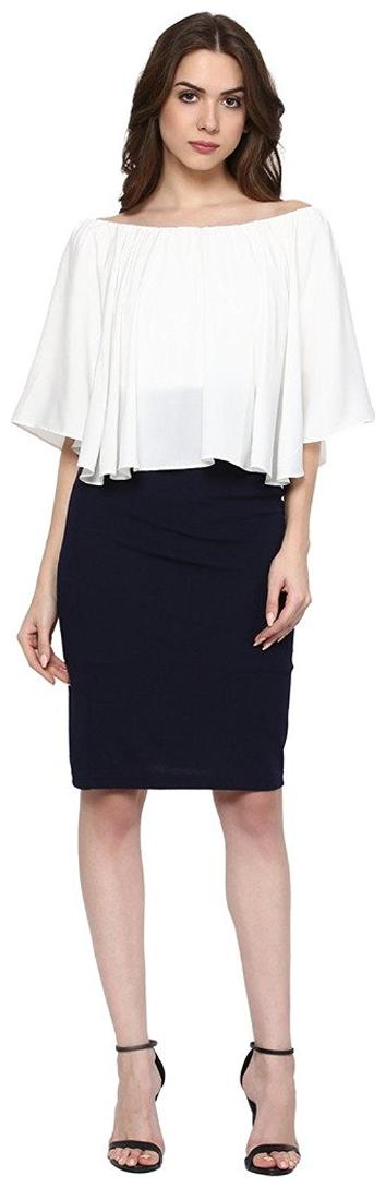 

Veronique WOMEN S BLACK WHITE KNIT HALF SLEEVE KNEE LENGTH SLIM FIT ROUND NECK PONCHO PLAIN SOLID DRESS