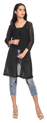 

VERONIQUE WOMEN S BLACK NET 3 4TH SLEEVE KNEE LENGTH REGULAR SHAWL COLLAR PLAIN SOLID SHRUG