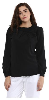 

VERONIQUE WOMEN S BLACK CREPE FULL SLEEVE WAIST LENGTH REGULAR ROUND NECK FORMAL PLAIN SOLID TOP