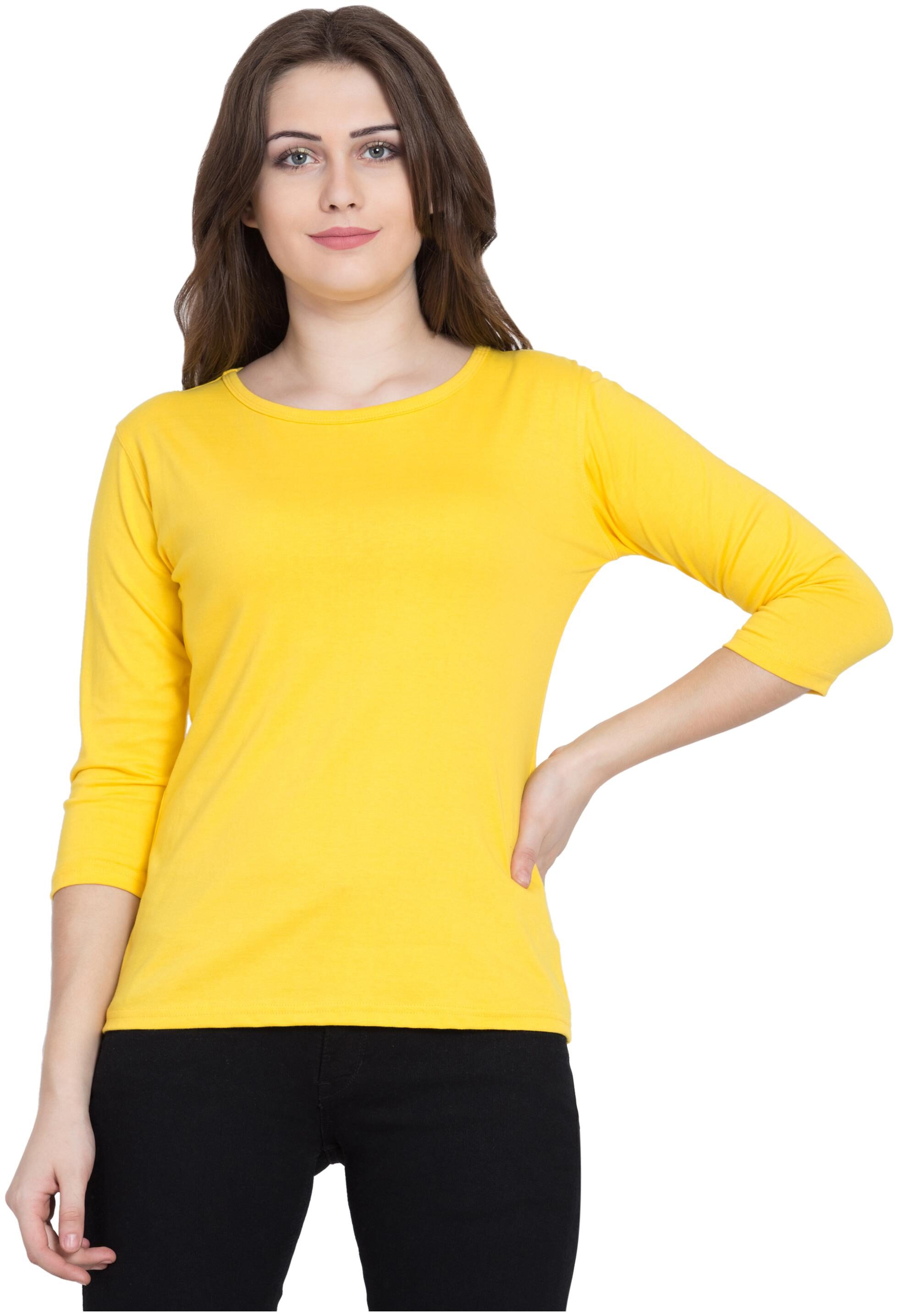 

VESTILO Women Yellow Slim fit Round neck Cotton T shirt