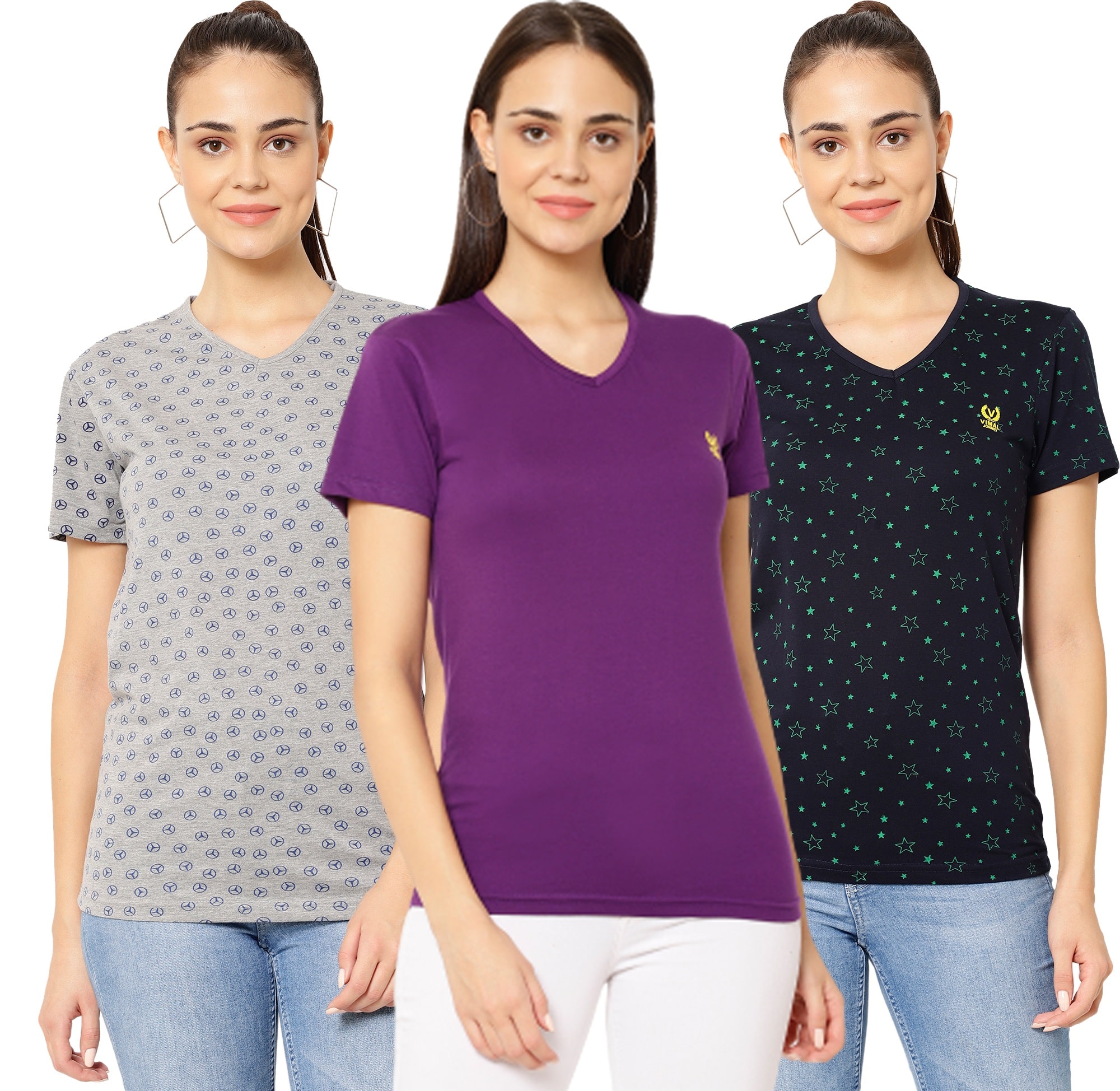 

VIMAL JONNEY Women Multi Regular fit V neck Cotton T shirt