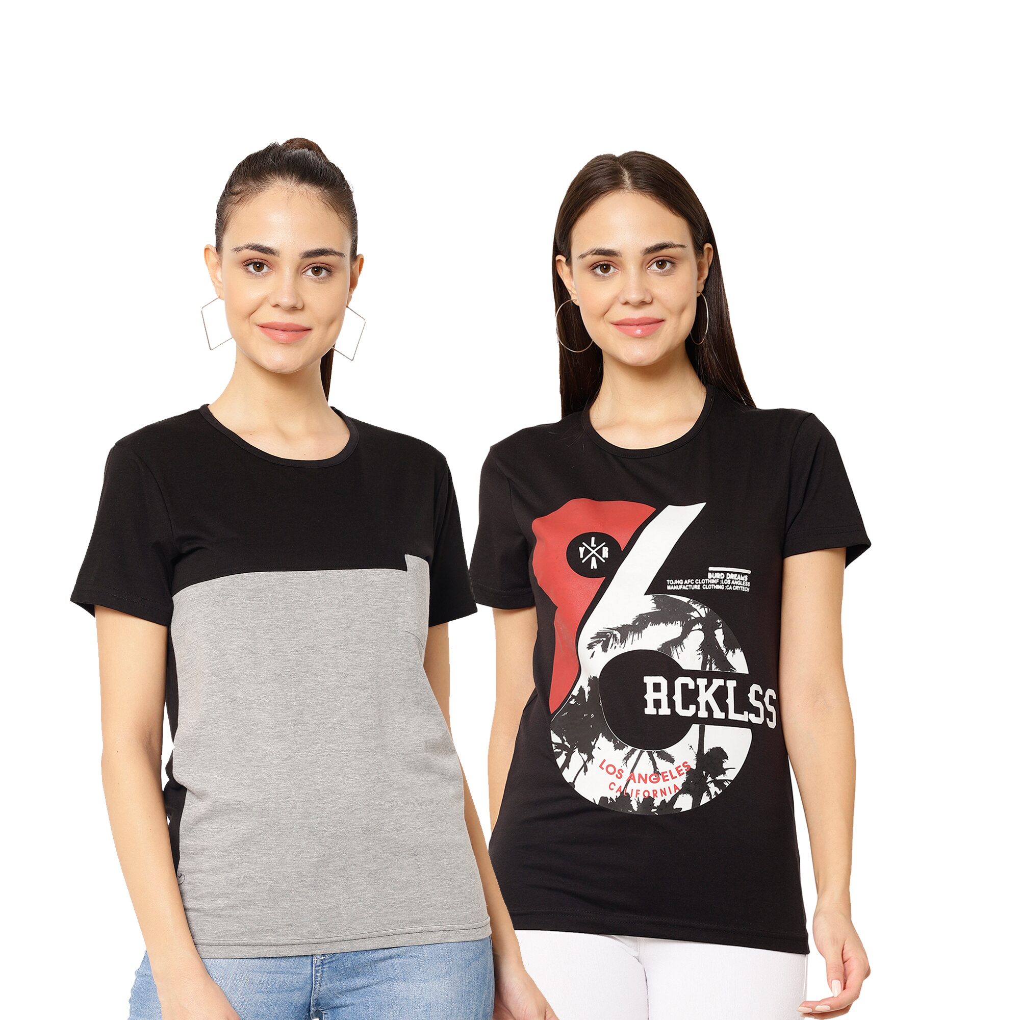 

VIMAL JONNEY Women Grey Black Regular fit Round neck Cotton blend T shirt