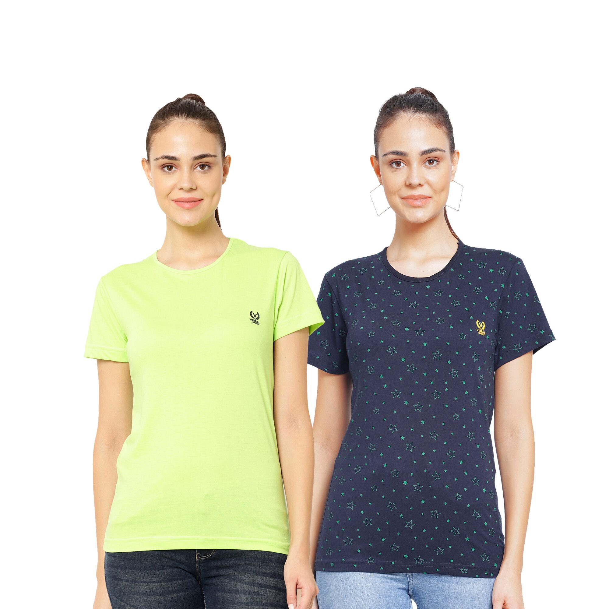 

VIMAL JONNEY Cotton Printed Green Navy Blue Color T-Shirt For Women (Pack Of 2)
