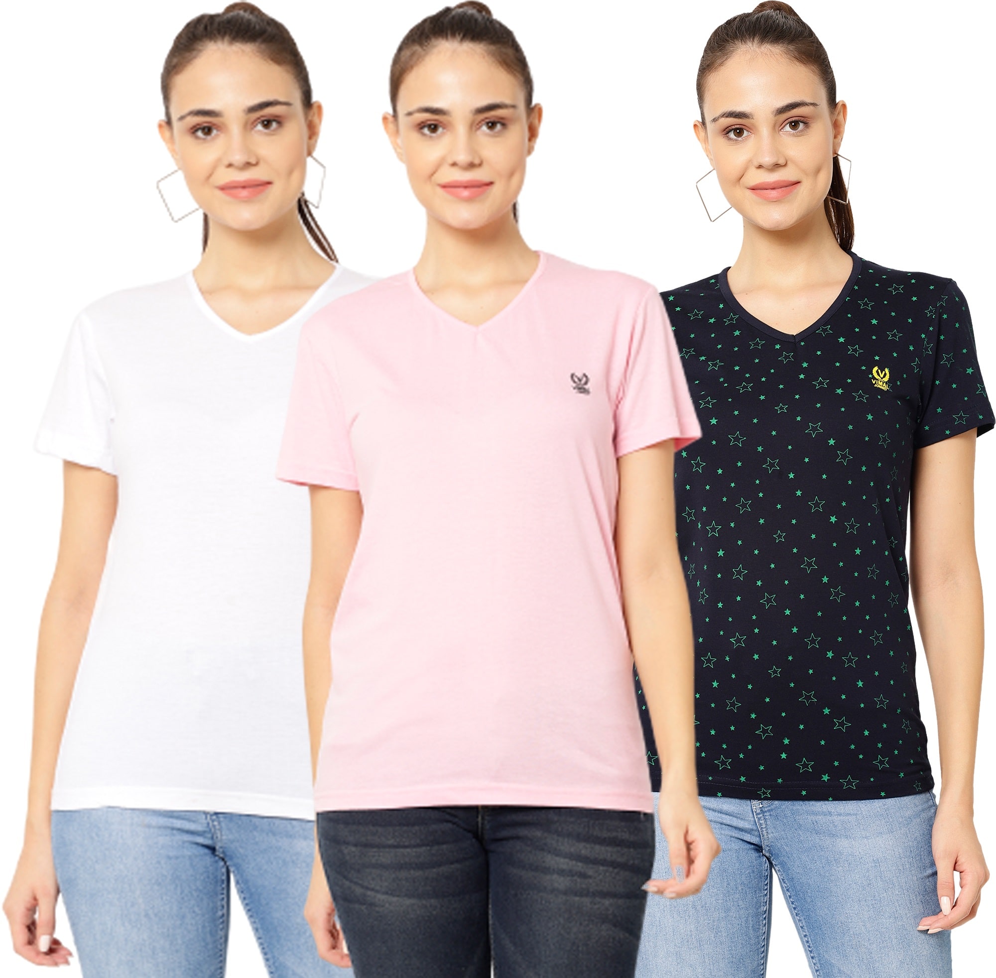 

VIMAL JONNEY Women Multi Regular fit V neck Cotton T shirt