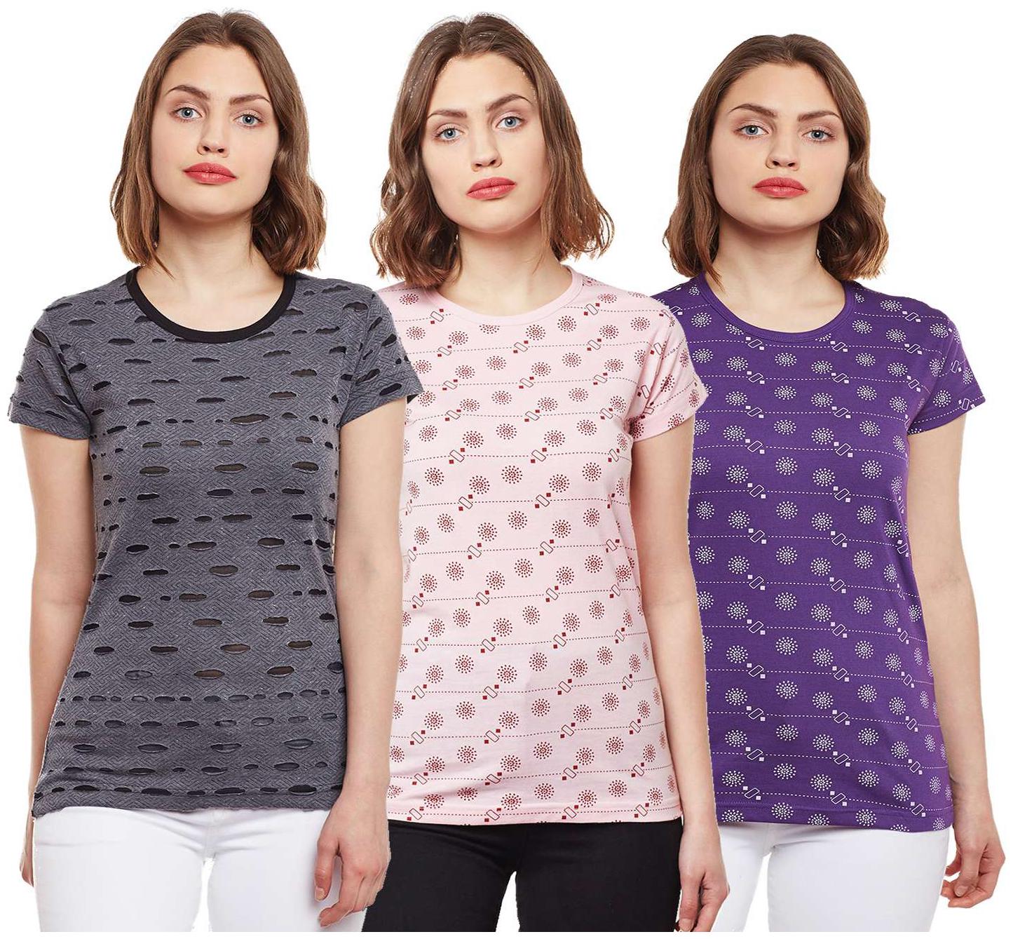 

VIMAL JONNEY Women Multi Regular fit Round neck Cotton T shirt
