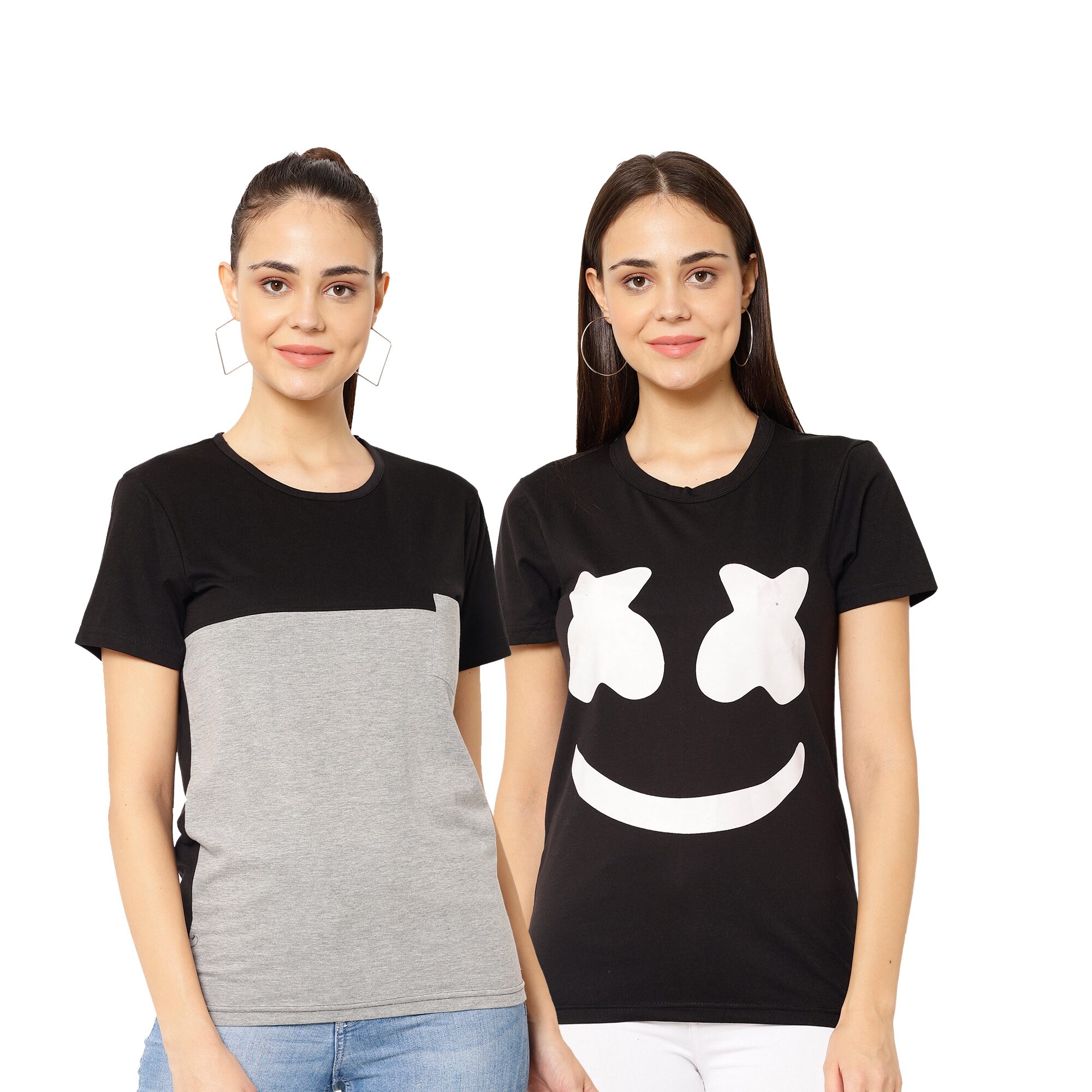 

VIMAL JONNEY Women Grey Black Regular fit Round neck Cotton blend T shirt