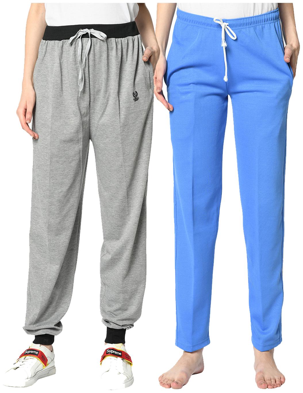 

VIMAL JONNEY Cotton Blend Solid Blue Grey Color Track Pants For Women (Pack Of 2)