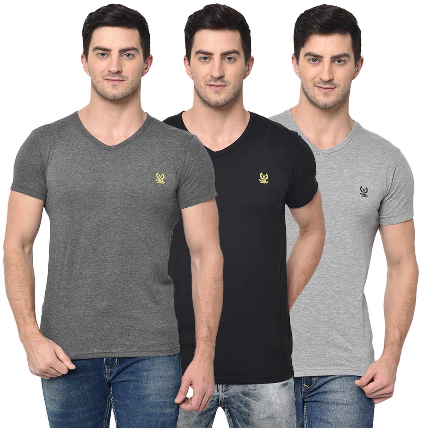 

VIMAL JONNEY Men Multi Regular fit Cotton Blend V neck T-Shirt - Pack Of 3