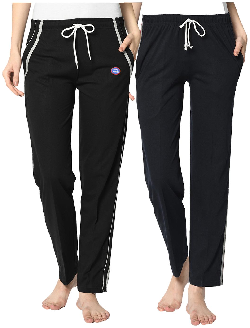

VIMAL JONNEY Cotton Blend Solid Black Blue Color Track Pants For Women (Pack Of 2)